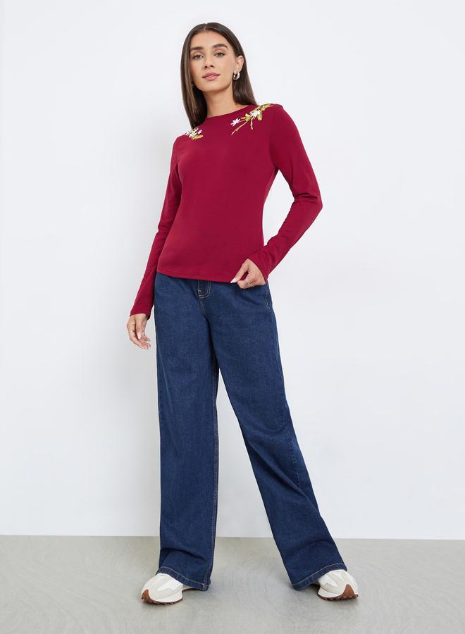 Styli Burgundy Embroidered Floral Long Sleeve T-Shirt - Image 2